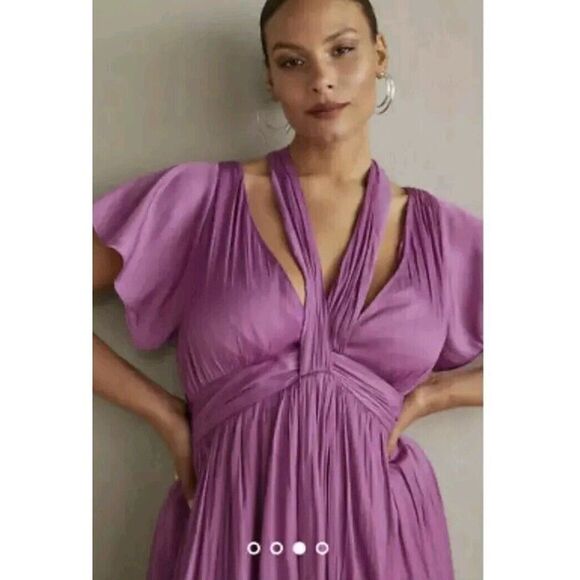 Anthropologie Deep V Neck Vibrant Purple‎ Mini Dress Size 12 Flowy, Lined EUC - Picture 5 of 13